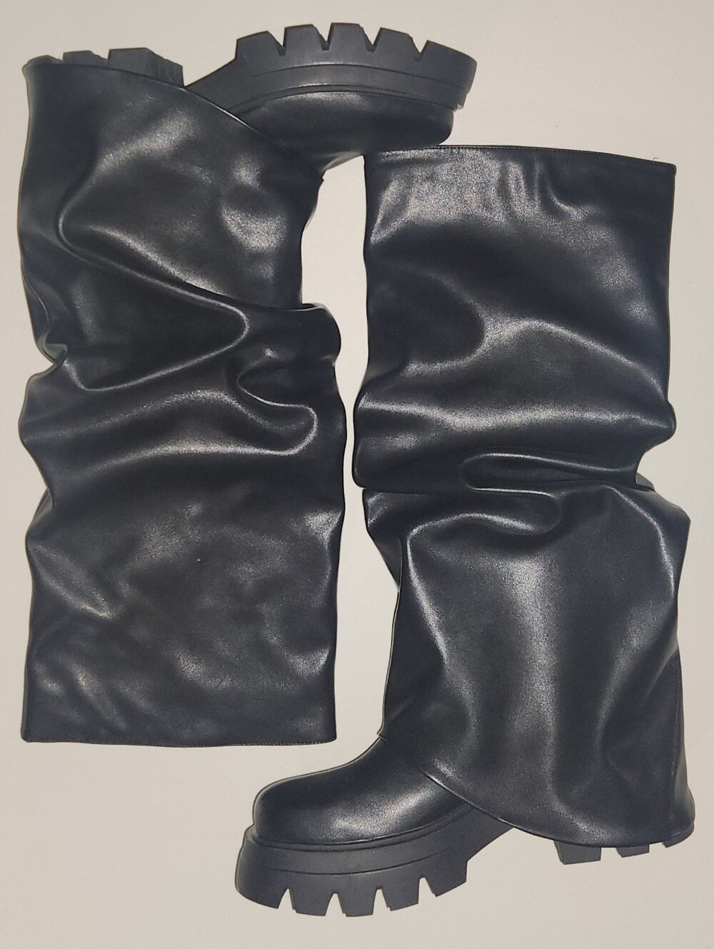 Black Slouchy Knee-High Platform Boots Faux Leather Size 41 EU/ 9.5 - 10 US